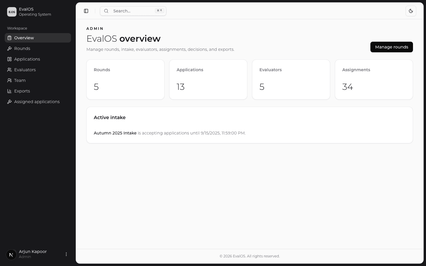 EvalOS admin overview — rounds, applications, evaluators, and assignments at a glance